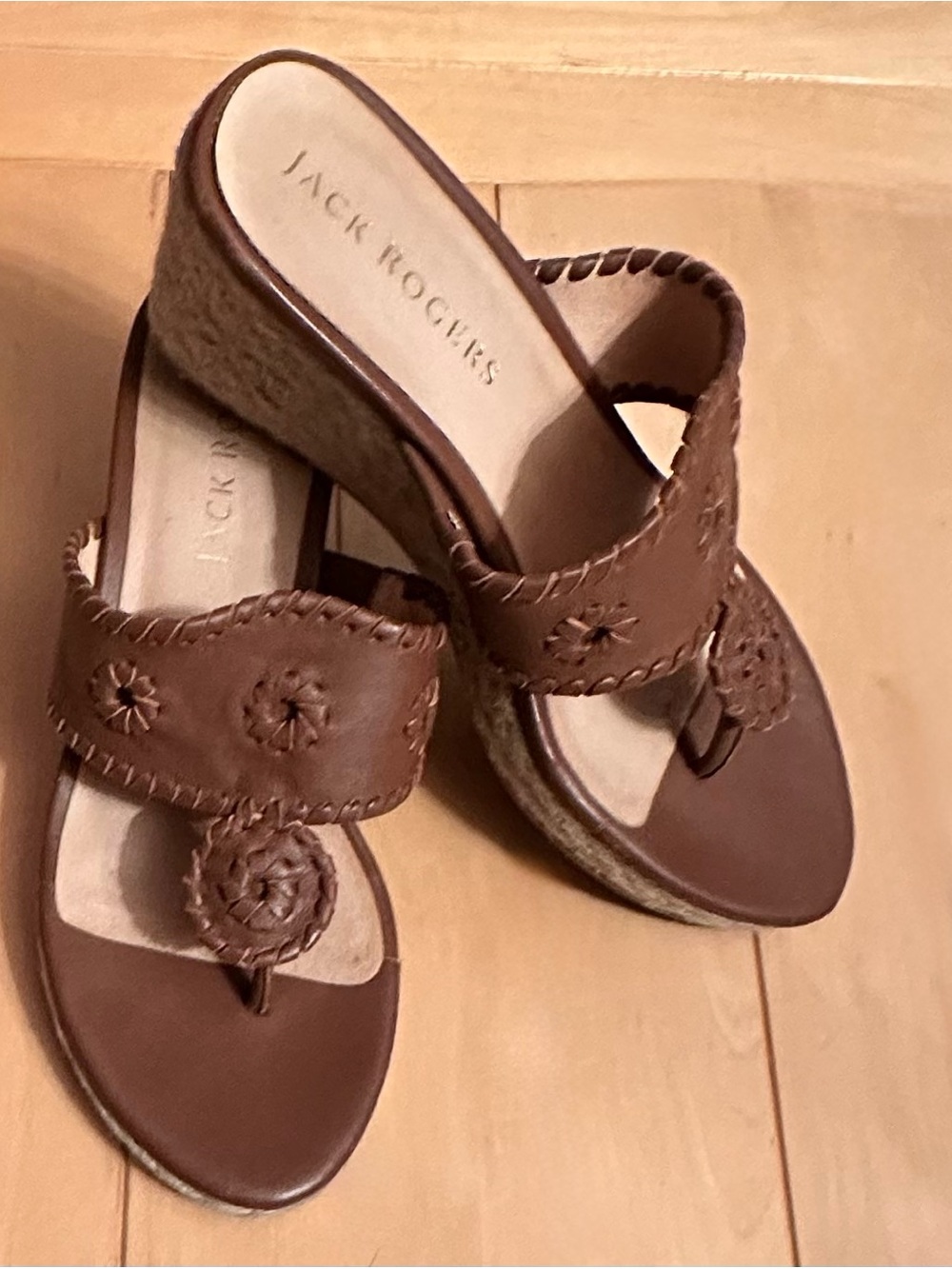 Jack Rogers Jacks Wedge Mocha Leather Wedge Sandals; EUC, Sz. 9M